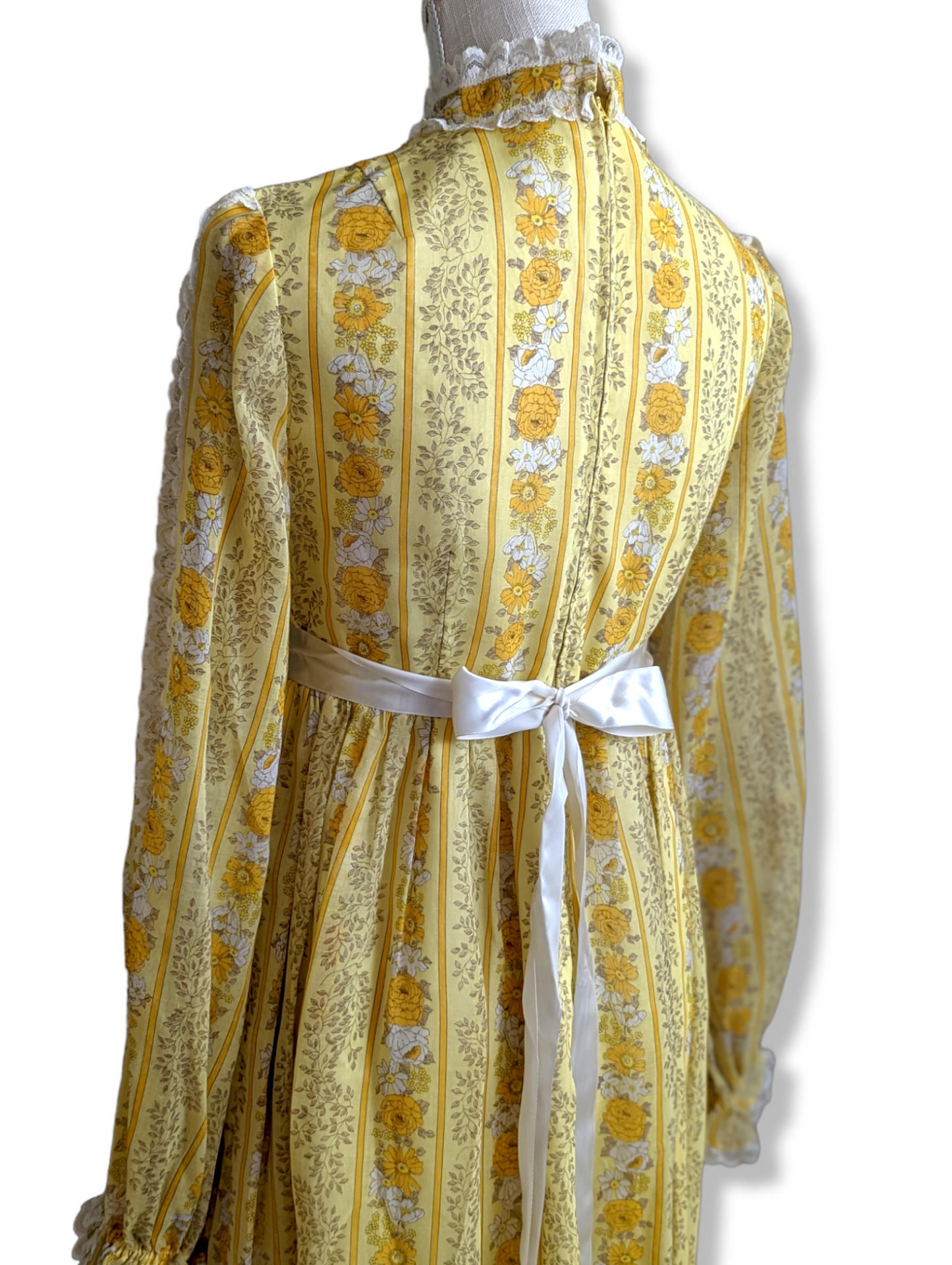 1970s Yellow Striped Peony and Daisy Floral Pioneer Prairie Dress with Long Sleeves, Empire Waist, High Collar, Lace Trim and Satin Ribbon