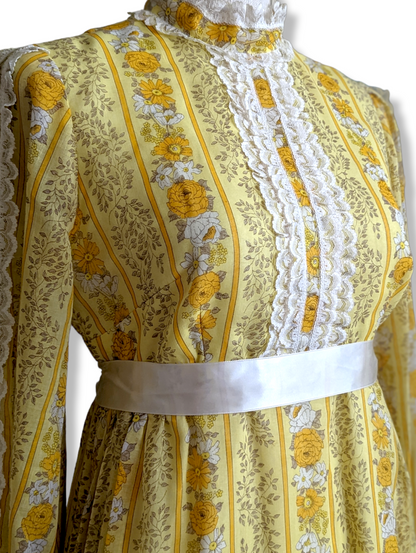 1970s Yellow Striped Peony and Daisy Floral Pioneer Prairie Dress with Long Sleeves, Empire Waist, High Collar, Lace Trim and Satin Ribbon