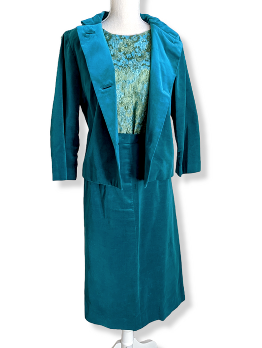 1960s Emerald Green, Lime, Blue and Teal Velour Velvet Brocade 3 Piece Skirt Suit with Blazer Jacket, Sleeveless Blouse and Matching Pencil Skirt Handmade