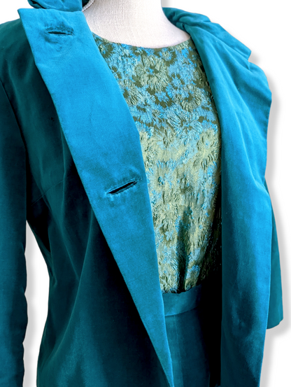 1960s Emerald Green, Lime, Blue and Teal Velour Velvet Brocade 3 Piece Skirt Suit with Blazer Jacket, Sleeveless Blouse and Matching Pencil Skirt Handmade