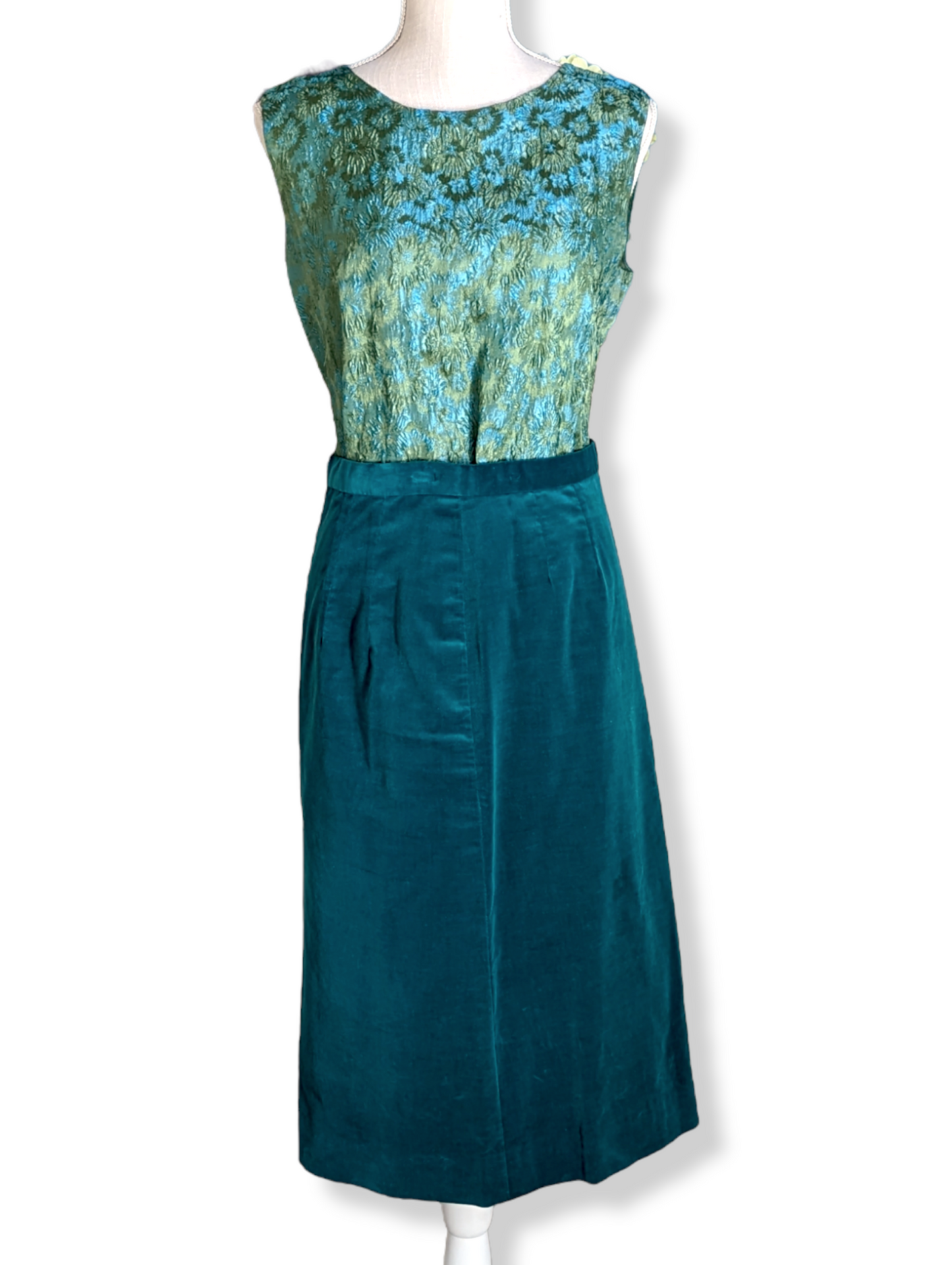 1960s Emerald Green, Lime, Blue and Teal Velour Velvet Brocade 3 Piece Skirt Suit with Blazer Jacket, Sleeveless Blouse and Matching Pencil Skirt Handmade