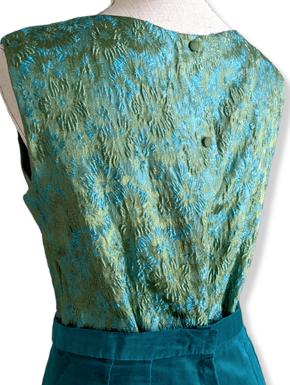 1960s Emerald Green, Lime, Blue and Teal Velour Velvet Brocade 3 Piece Skirt Suit with Blazer Jacket, Sleeveless Blouse and Matching Pencil Skirt Handmade