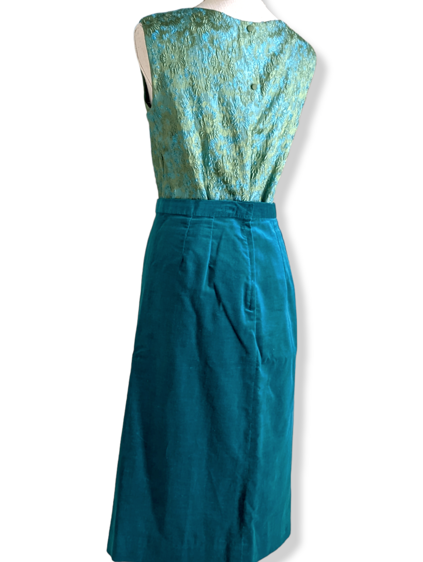 1960s Emerald Green, Lime, Blue and Teal Velour Velvet Brocade 3 Piece Skirt Suit with Blazer Jacket, Sleeveless Blouse and Matching Pencil Skirt Handmade