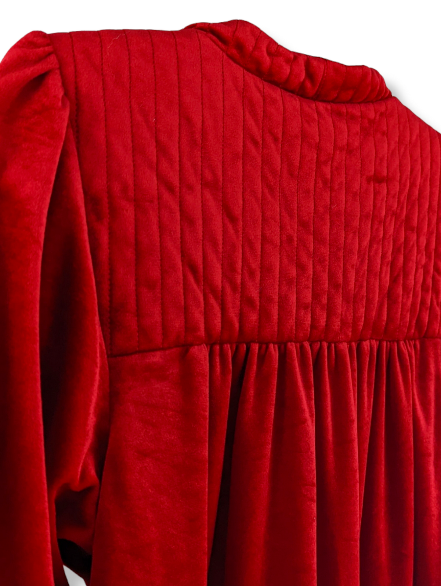 1980s Red Velvet Velour Quilted Robe Nightgown with Pockets and Puff Sleeves