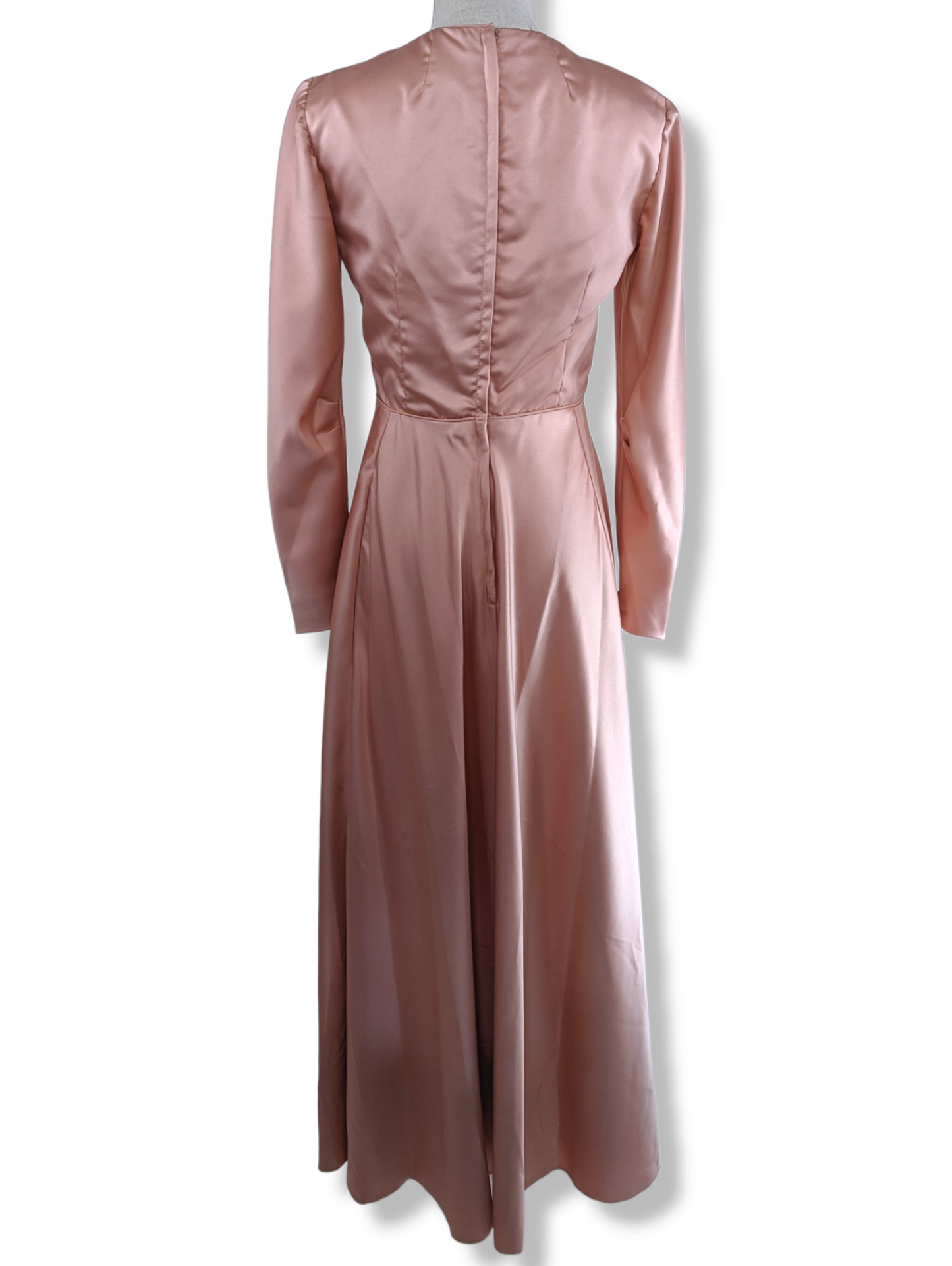 Vintage Silk Satin Dusty Rose Pink Dress with Long Sleeves, V Neckline, and Sheer Chiffon Organza Tiered Removable Cape