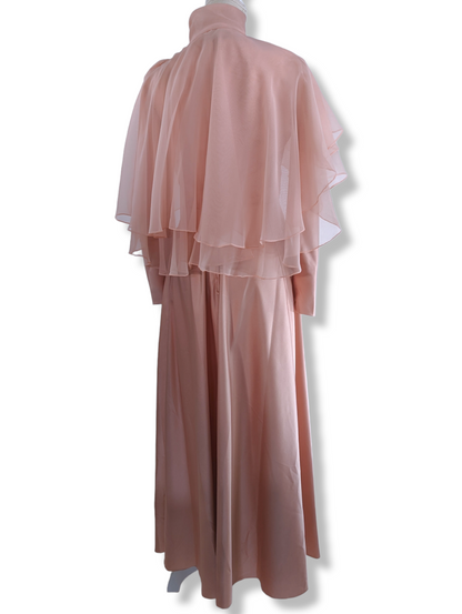 Vintage Silk Satin Dusty Rose Pink Dress with Long Sleeves, V Neckline, and Sheer Chiffon Organza Tiered Removable Cape