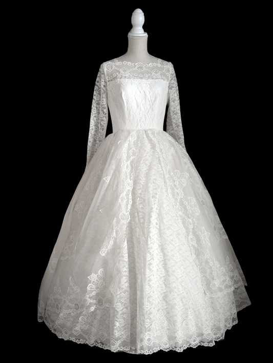 1950s Princess Ballgown Style Wedding Dress in Brilliant White with Chantilly Lace, Long Sleeves, Sequins, Straight Neckline and Long Unique Triangular Train