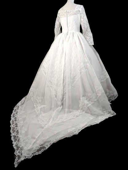 1950s Princess Ballgown Style Wedding Dress in Brilliant White with Chantilly Lace, Long Sleeves, Sequins, Straight Neckline and Long Unique Triangular Train