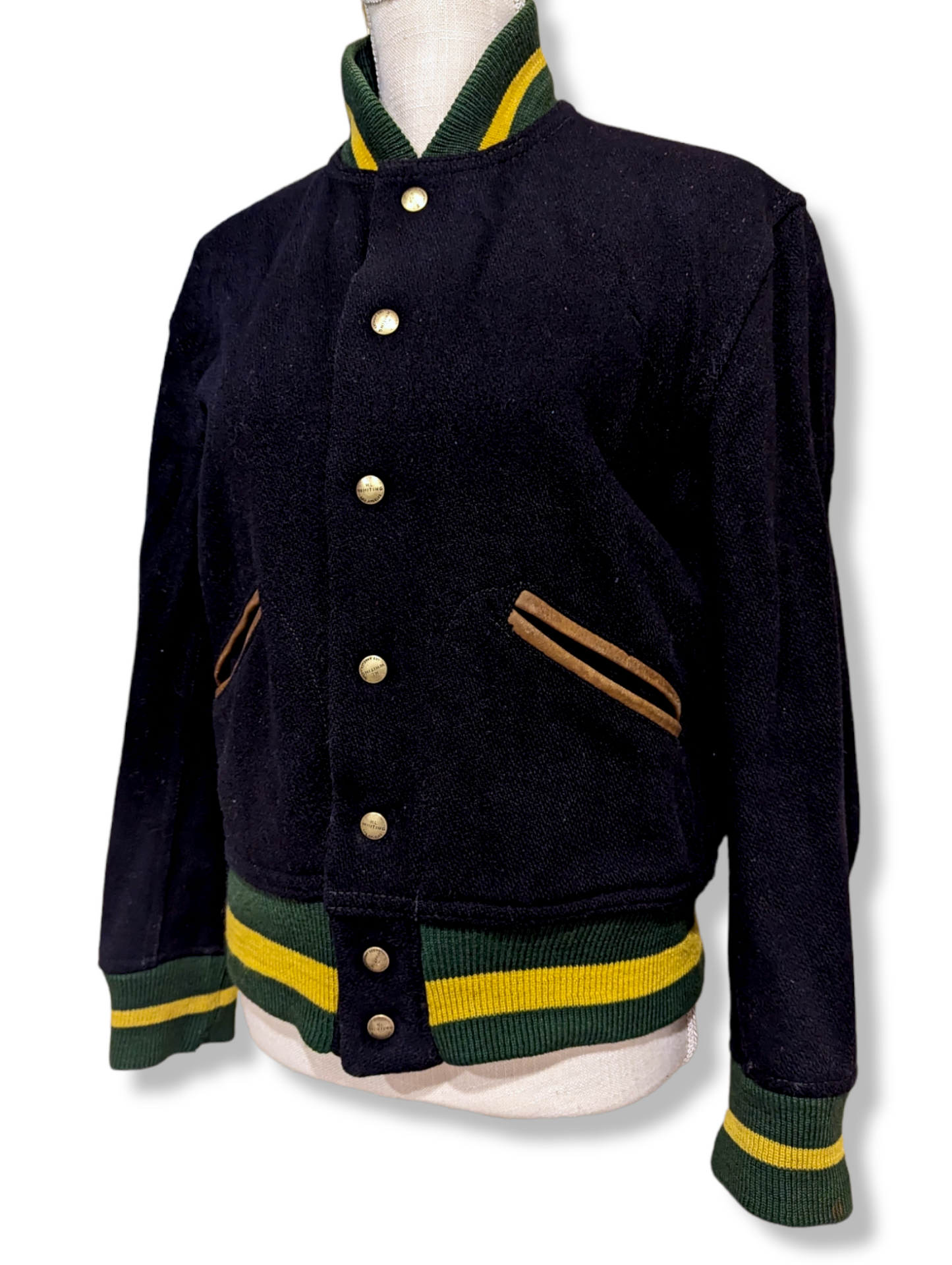 1940s - 1950s H.L. Whiting Co Los Angeles Lettermen Varsity College Bomber Sports Jacket in Black with Leather Pocket Trim and Knit Yellow and Green Cuffs/Collar/Banding