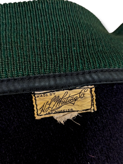 1940s - 1950s H.L. Whiting Co Los Angeles Lettermen Varsity College Bomber Sports Jacket in Black with Leather Pocket Trim and Knit Yellow and Green Cuffs/Collar/Banding
