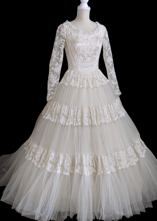 1954 Chantilly Lace and Tulle Long Sleeved Princess Style Wedding Dress in Soft White
