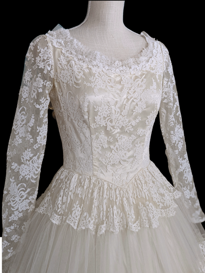 1954 Chantilly Lace and Tulle Long Sleeved Princess Style Wedding Dress in Soft White