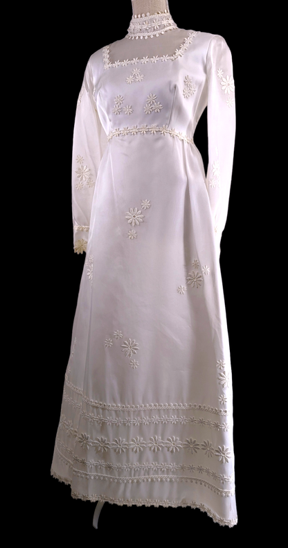 1970s Chiffon Regency Wedding Dress with Empire Waist, Daisy Lace