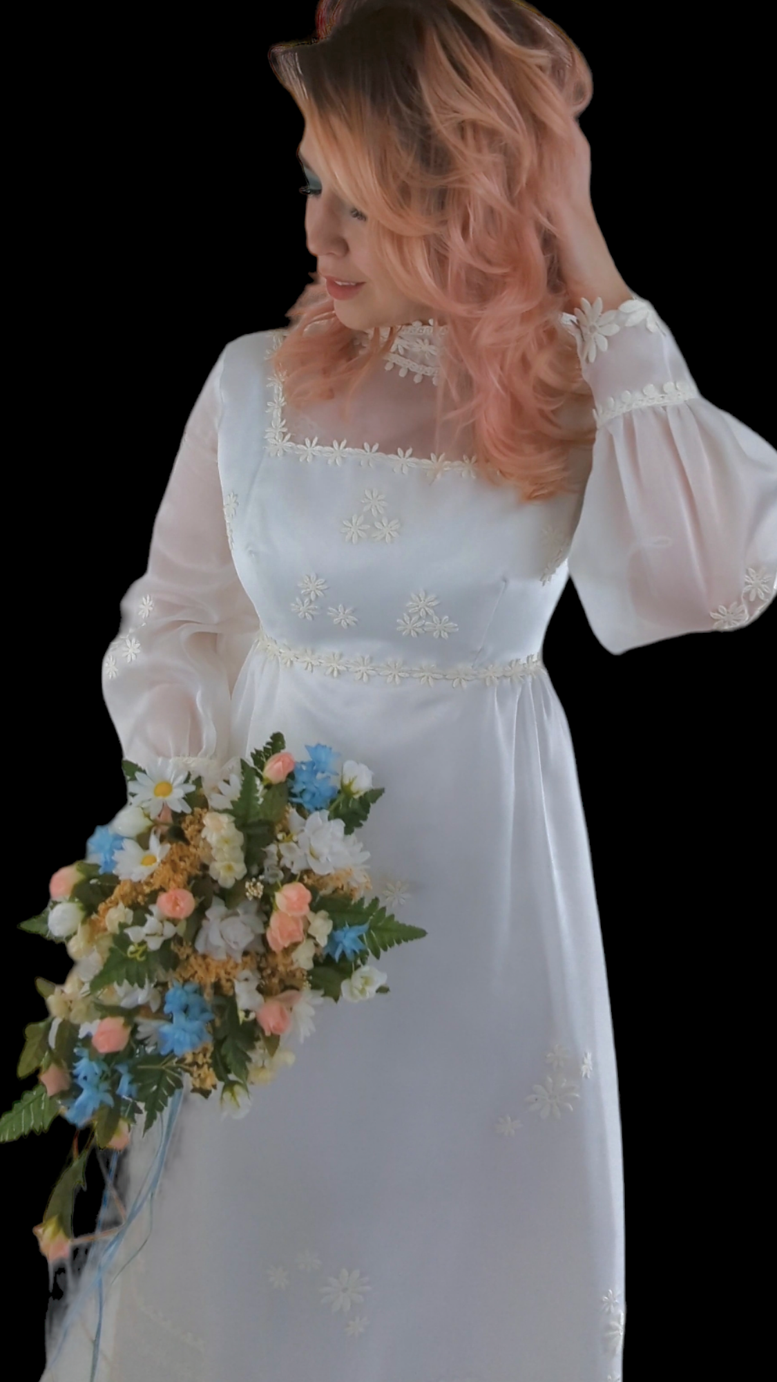 1970s Chiffon Regency Wedding Dress with Empire Waist, Daisy Lace, Bis HobbyBobbins 1970s Chiffon Regency Wedding Dress with Empire Waist, Daisy Lace, Bis HobbyBobbins