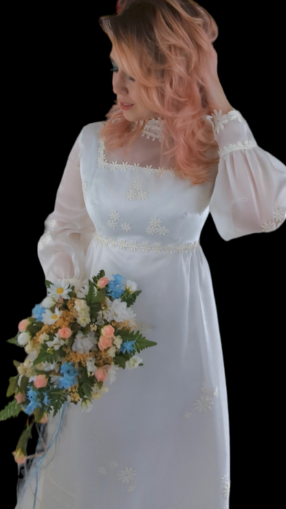1970s Chiffon Regency Wedding Dress with Empire Waist, Daisy Lace, Bishop Sleeves and High Collar in Bright White