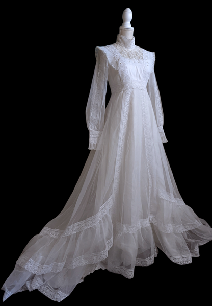 1970s Victorian Revival Bright White Wedding Dress with High Collar, Empire Waist, Lace, and Long Sleeves