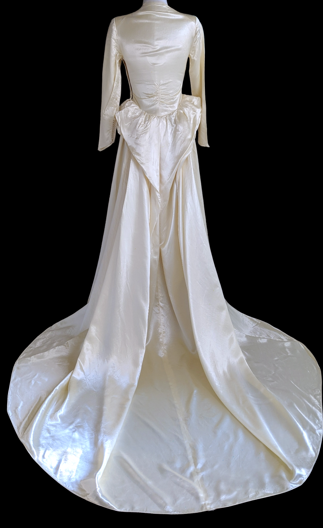 1940s Princess Style Liquid Satin Wedding Dress in Warm Candlelight Ivory White with Queen Anne Neckline, Cathedral Train and Detailed Pleated Bustle