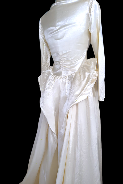 1940s Princess Style Liquid Satin Wedding Dress in Warm Candlelight Ivory White with Queen Anne Neckline, Cathedral Train and Detailed Pleated Bustle