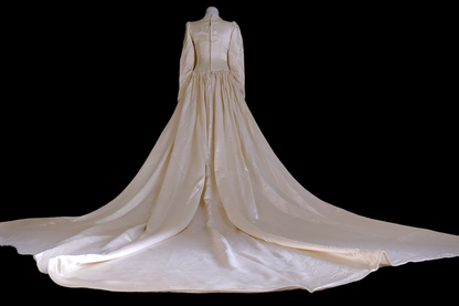 1940s Hollywood Glamour Slipper Satin Wedding Dress in Soft White with Queen Anne Neckline, Extra Long Train and Detailed Hand Beading
