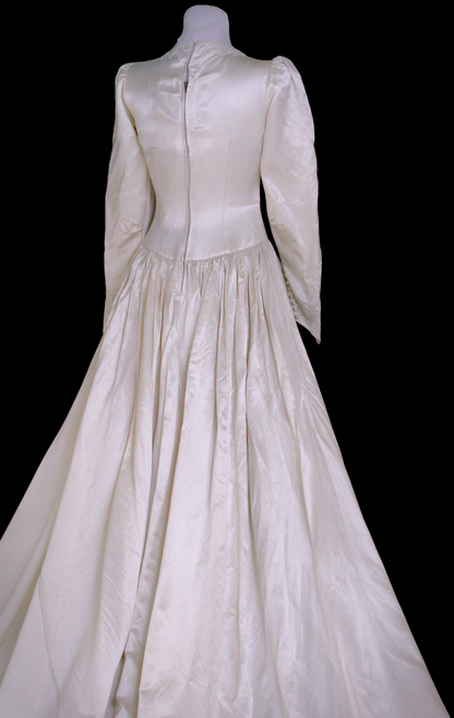 1940s Hollywood Glamour Slipper Satin Wedding Dress in Soft White with Queen Anne Neckline, Extra Long Train and Detailed Hand Beading