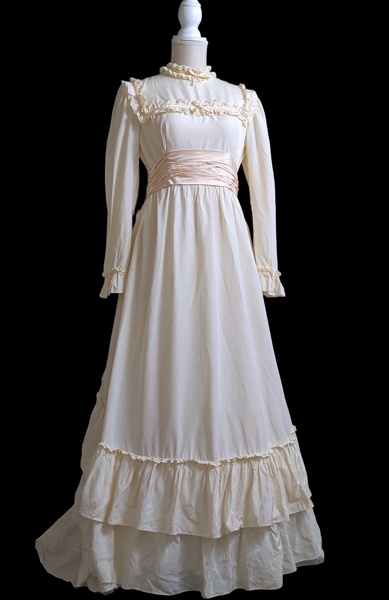 1960s Emma Domb Wedding Dress in a Prairie Cottagecore Style with Pink Satin Bows, Trimmings and Soft Ruffles
