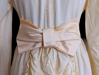 1960s Emma Domb Wedding Dress in a Prairie Cottagecore Style with Pink Satin Bows, Trimmings and Soft Ruffles