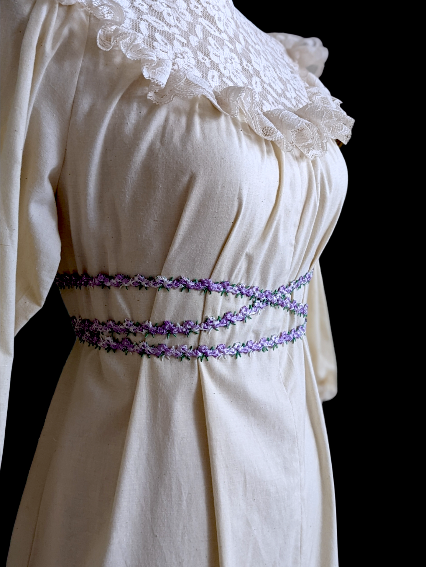 1970s Princess Kaiulani Wedding Dress with Half Sleeves, Victorian Inspired Design and Ruffles with Purple Flower Ribbon and Pockets