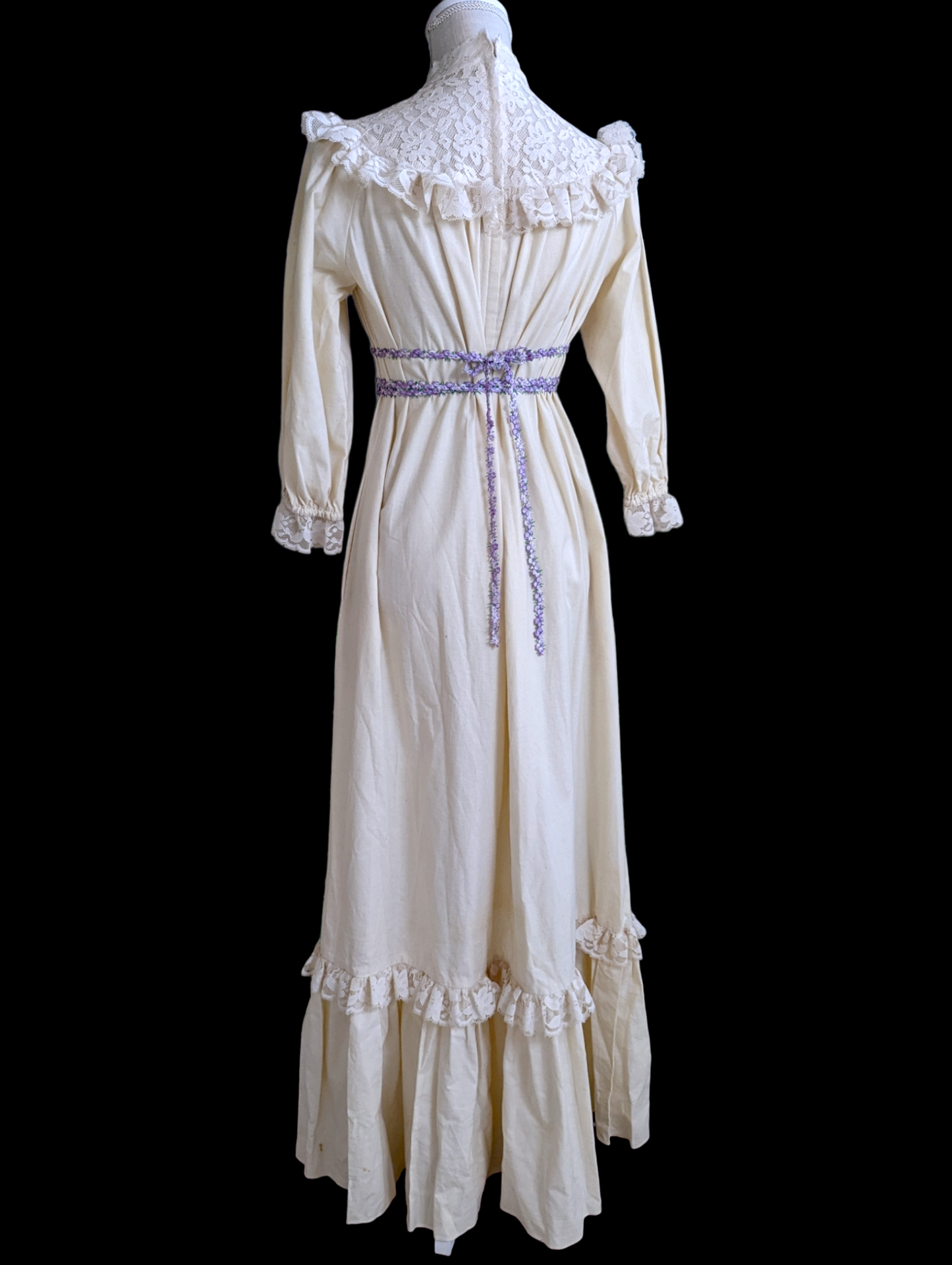 1970s Princess Kaiulani Wedding Dress with Half Sleeves, Victorian Inspired Design and Ruffles with Purple Flower Ribbon and Pockets