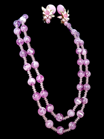 1950s Tropical Amethyst Purple Lucite Bead Matching Necklace and Earring Set