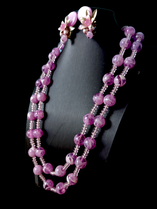 1950s Tropical Amethyst Purple Lucite Bead Matching Necklace and Earring Set