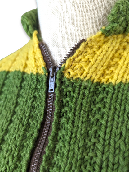 1970s Color Block Handmade Knit Zip Up Sweater