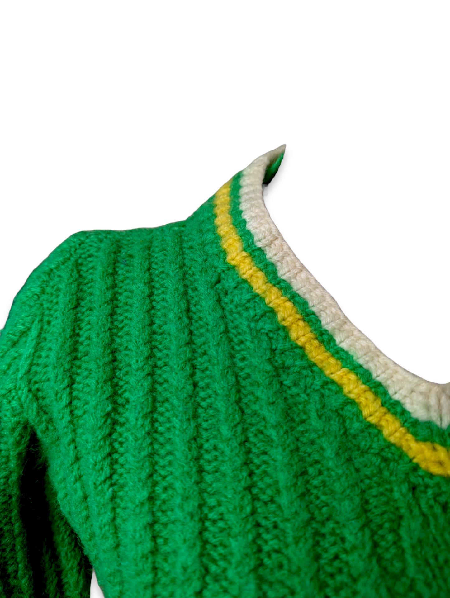 1950s - 1970s Cable Knit Handmade Wool V Neck Sweater in Green, Yellow and Cream