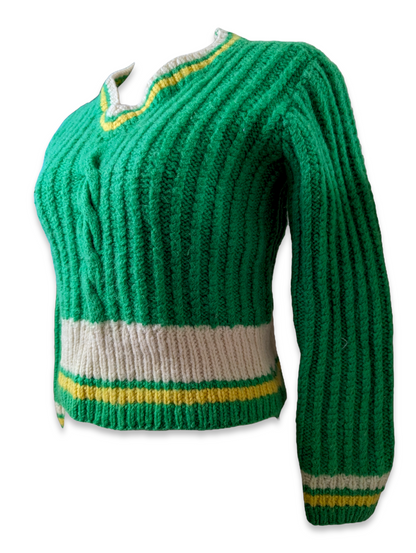1950s - 1970s Cable Knit Handmade Wool V Neck Sweater in Green, Yellow and Cream