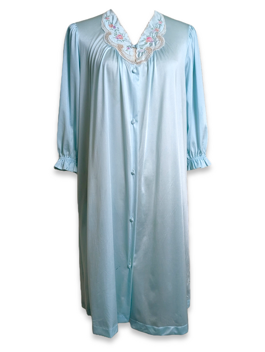 1980s Lorraine Pale Blue Embroidered Peignoir Nightgown with Floral Cross Stitch