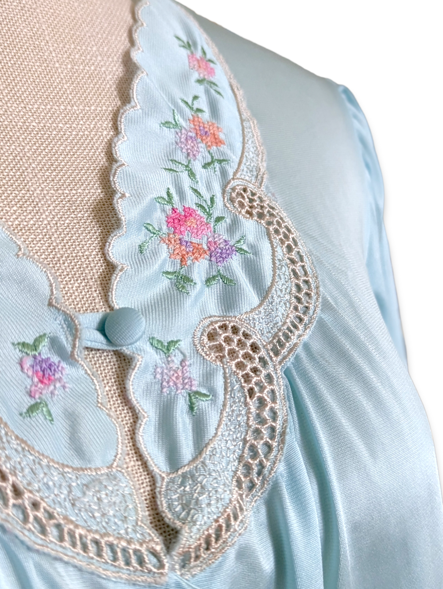 1980s Lorraine Pale Blue Embroidered Peignoir Nightgown with Floral Cross Stitch