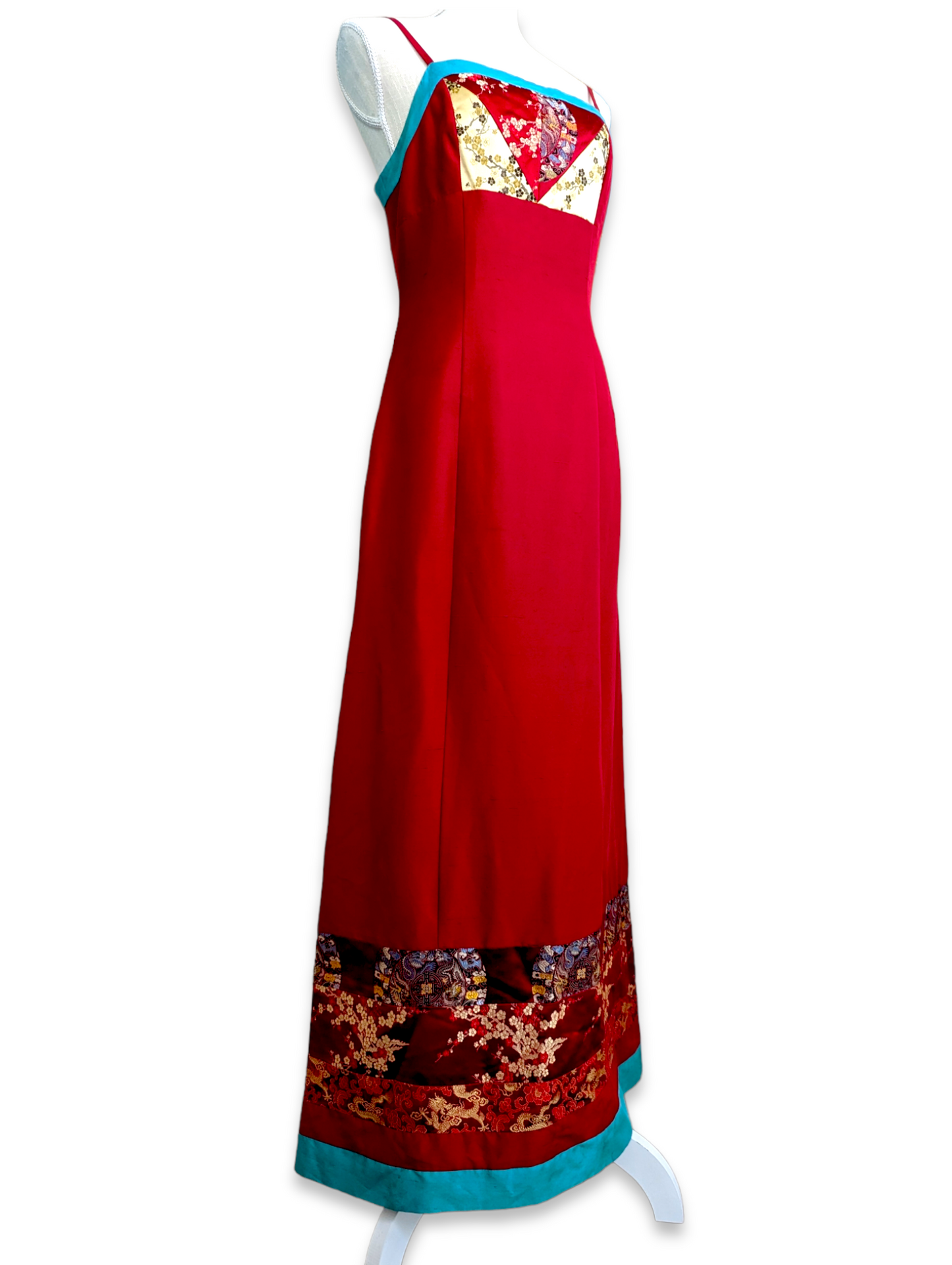 1990s Sue Wong Shantung Silk Spaghetti Strap Shift Y2K Dress In Red, Blue and Gold