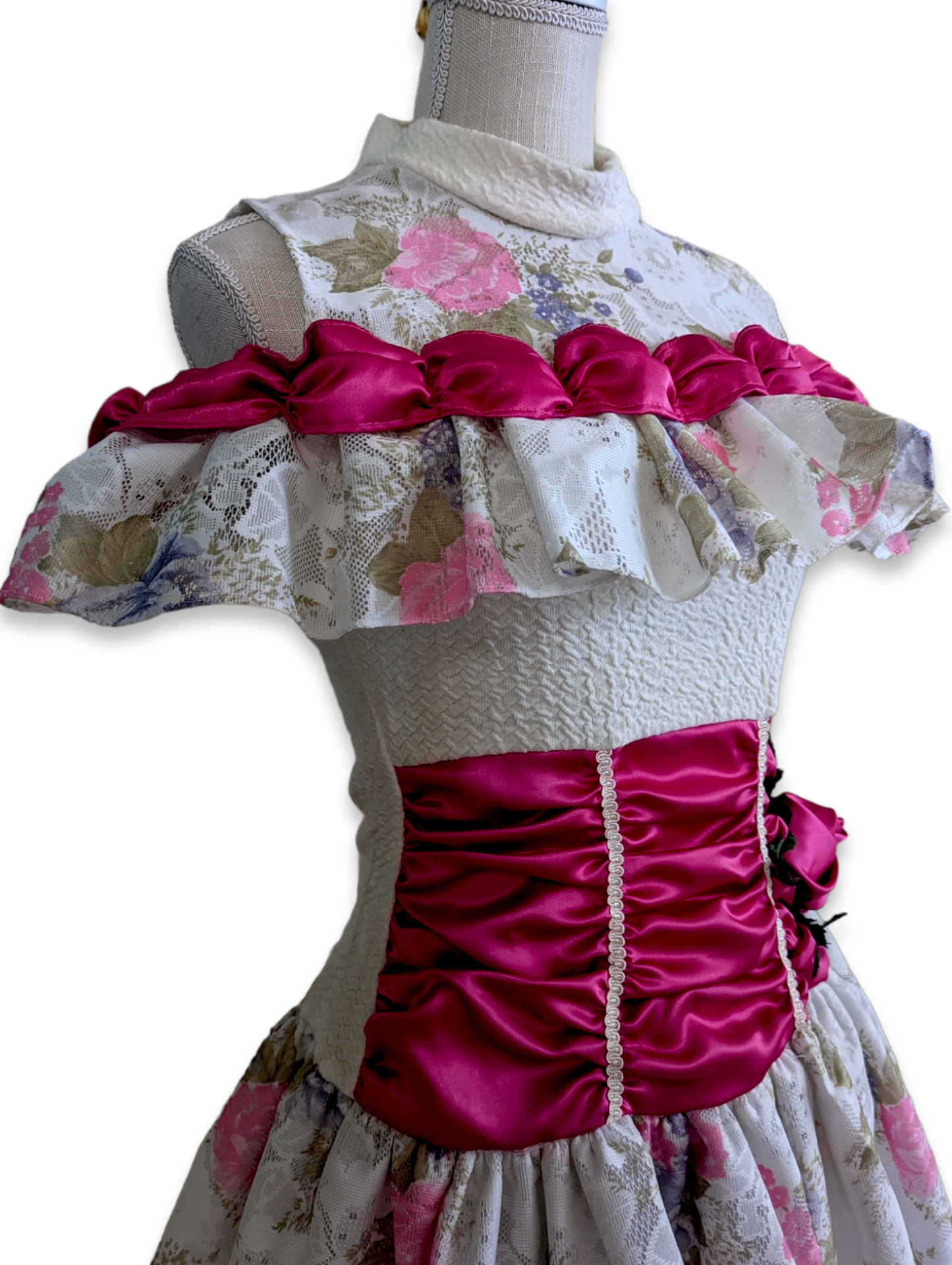 1980s Lipstick Pink Dress with Drop Waist, Pink Roses, Satin Ruching,  Lace and Off the Shoulder Peekaboo Ruffle Sleeves