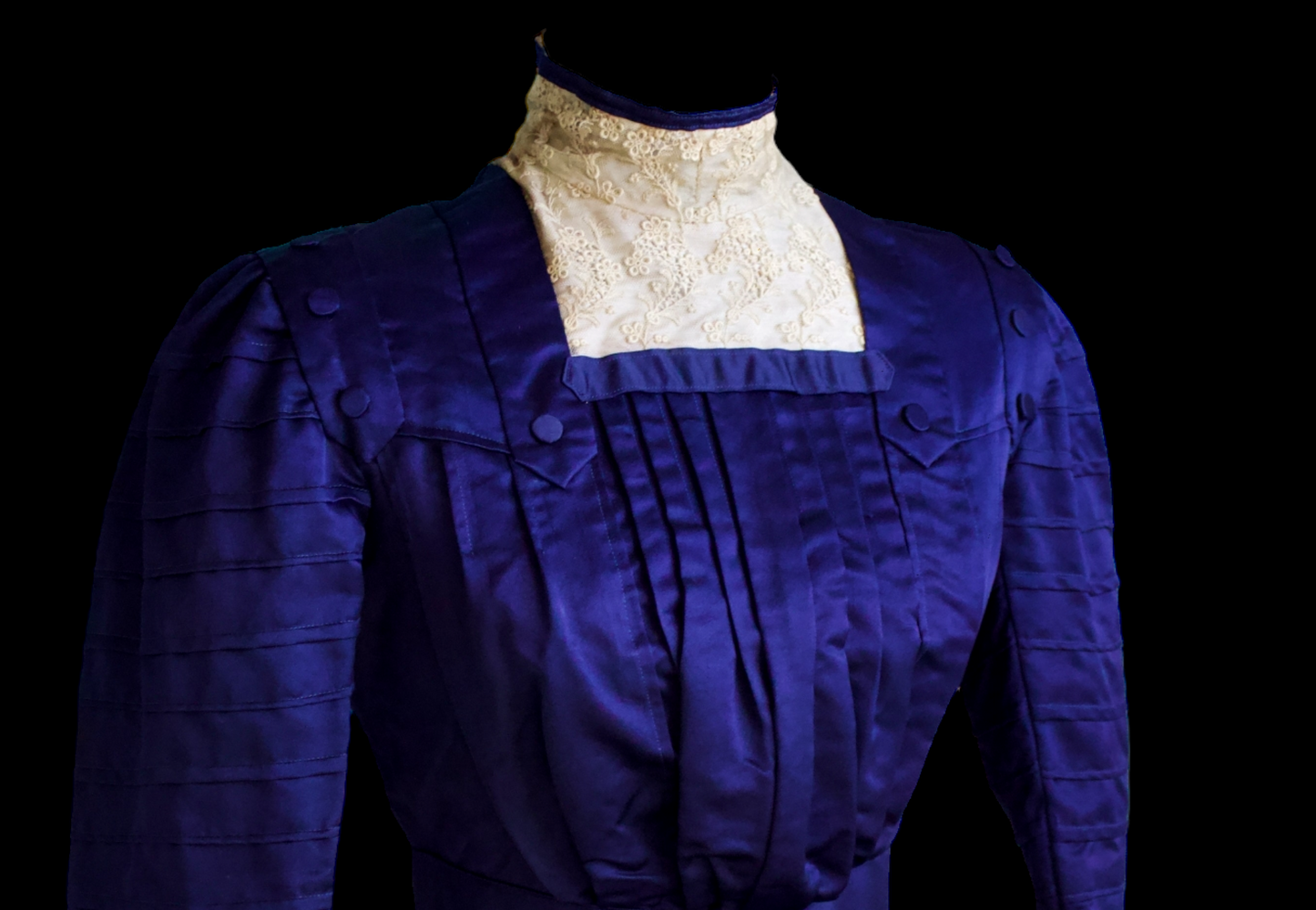 1910s Rare Edwardian Navy Deep Blue Silk Satin Walking Day Dress