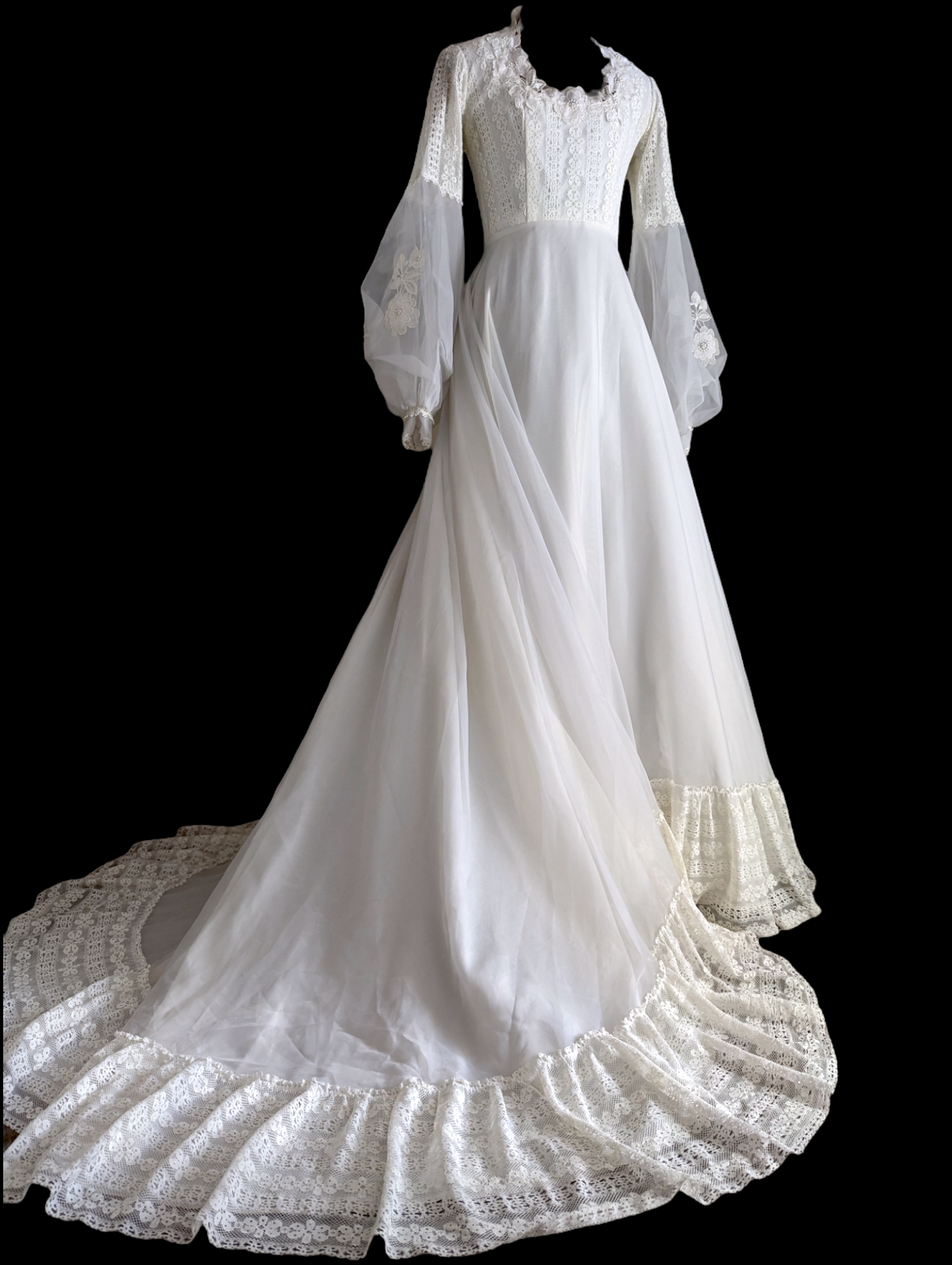 1960s Romantic Cottage Boho Style Wedding Dress with Bishop Sleeves, Queen Anne Neckline and Lace Accents in Bright White