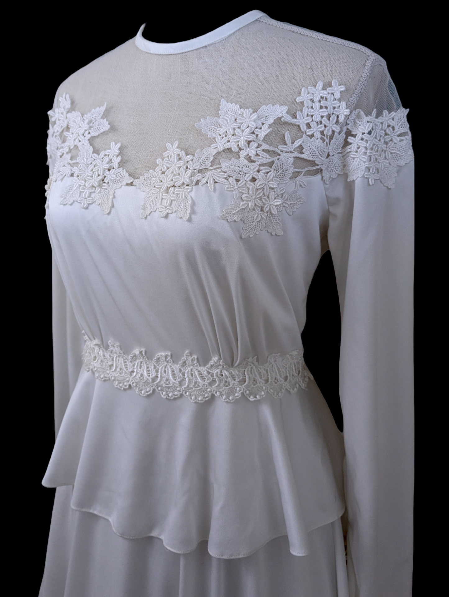 1960s Peplum and Floral Lace Long Sleeve Wedding Dress with Scoop Neckline in Brilliant White