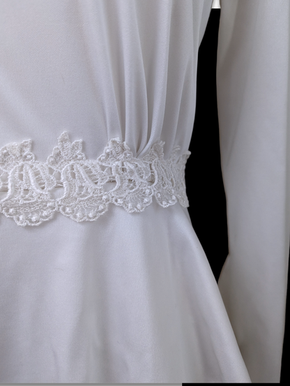 1960s Peplum and Floral Lace Long Sleeve Wedding Dress with Scoop Neckline in Brilliant White
