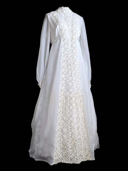 1970s Passion Flower Lace Column Wedding Dress with Long Sleeves. Trailing Ribbon, Empire Waist and Bustle Train