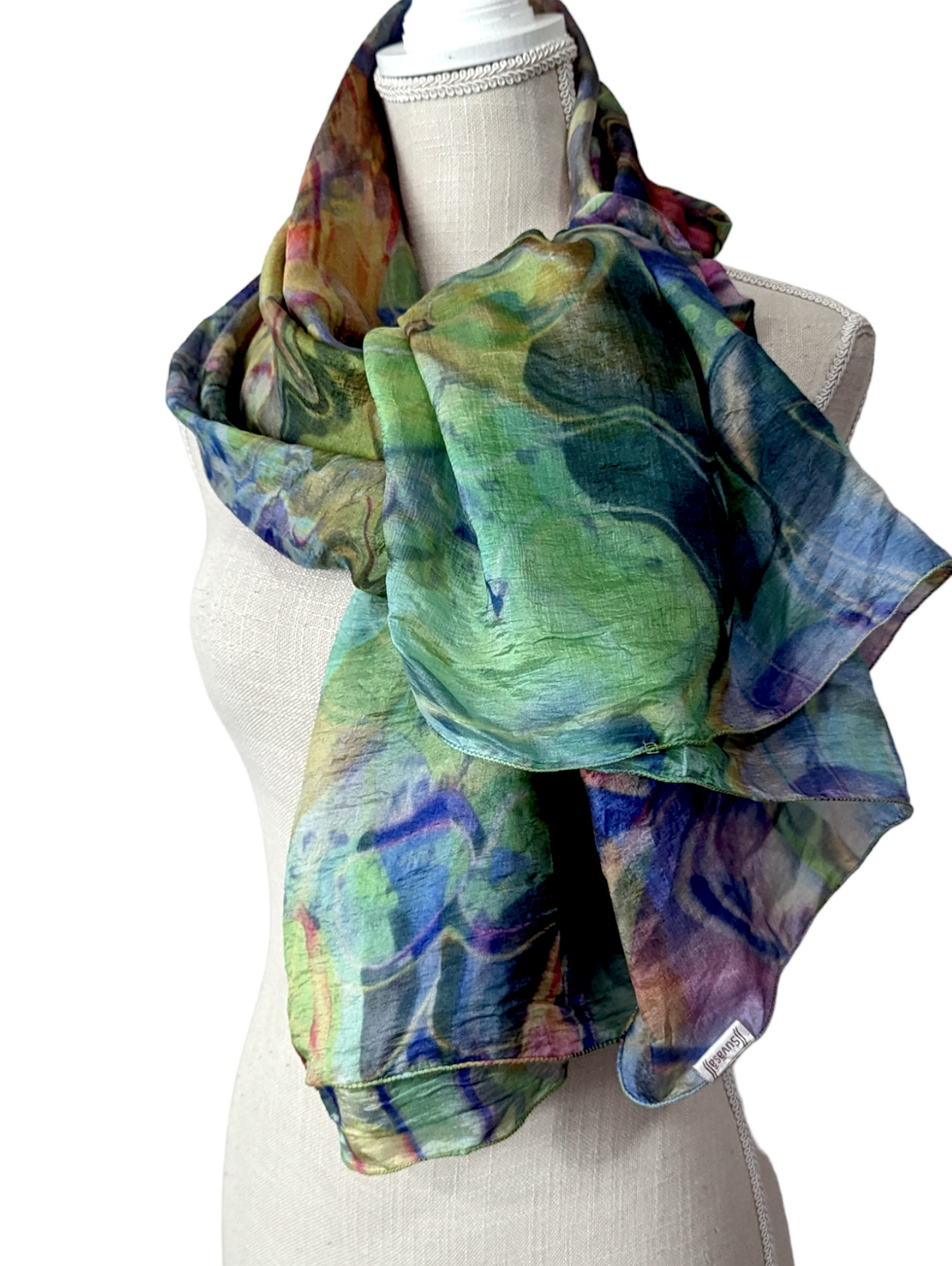 1990s - 2000s Extra Large Silk Scarf with Tie-dye Ripple Water Color Rainbow
