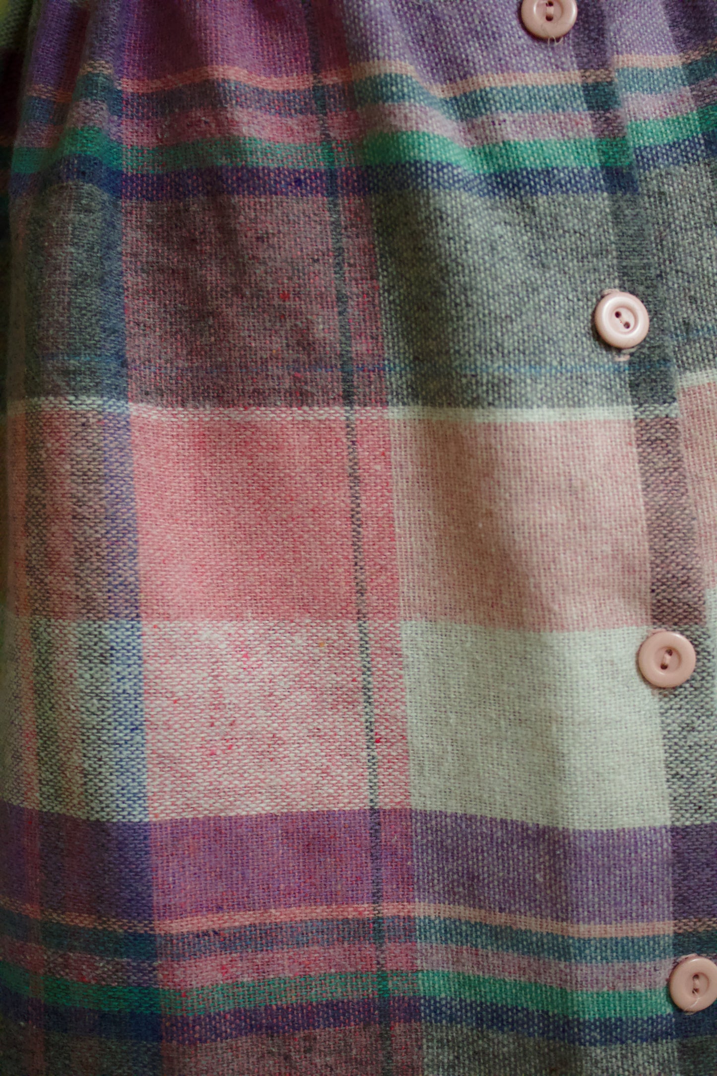 1980s Kayo Italian Wool Blend Mid Length Skirt with Pink Buttons in Blue, Pink and White Flannel