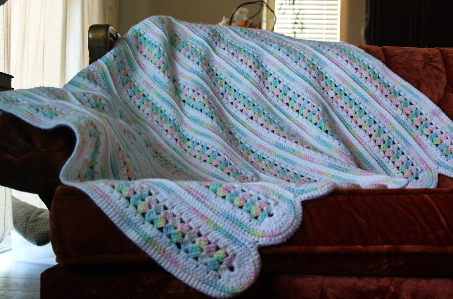 1980s "Mile-a-Minute" Rainbow and White Knit Afghan Super Soft