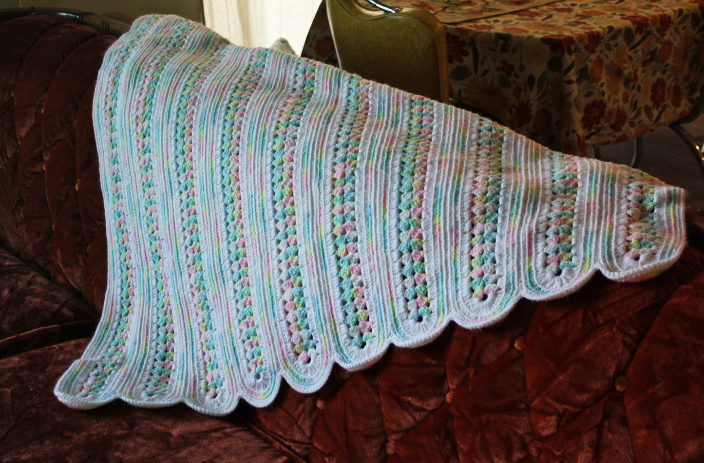 1980s "Mile-a-Minute" Rainbow and White Knit Afghan Super Soft