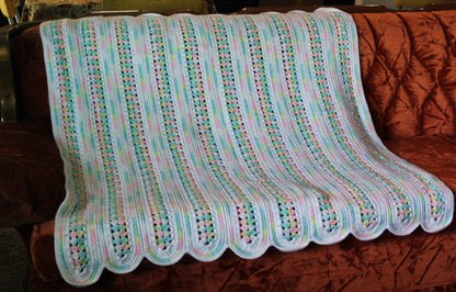 1980s "Mile-a-Minute" Rainbow and White Knit Afghan Super Soft