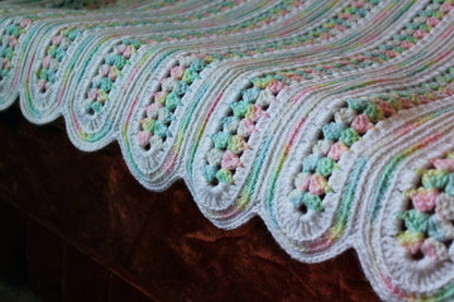 1980s "Mile-a-Minute" Rainbow and White Knit Afghan Super Soft