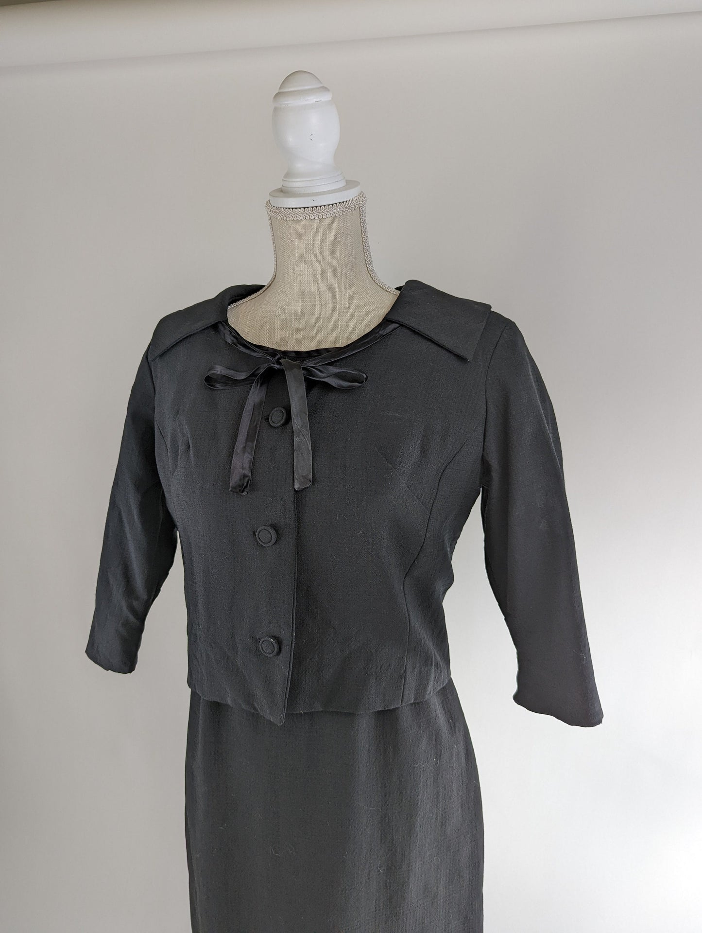 1960s Two Piece Black Dress and Crop Jacket with Satin Ribbon and Rounded Collar and Silk Lining