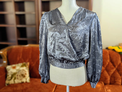 Vintage Cabrais Blue Gray Wrap Metallic Blouse with Long Sleeves and Buttons